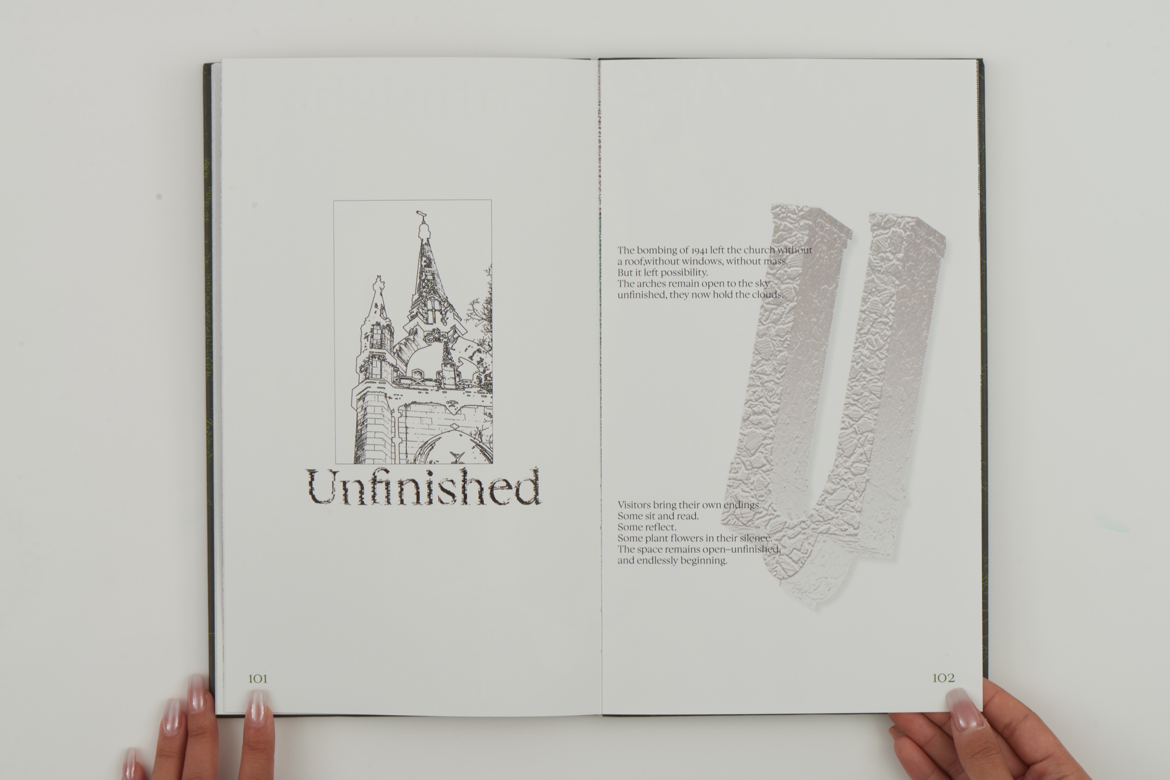 Unfinished spread with architectural drawings and text